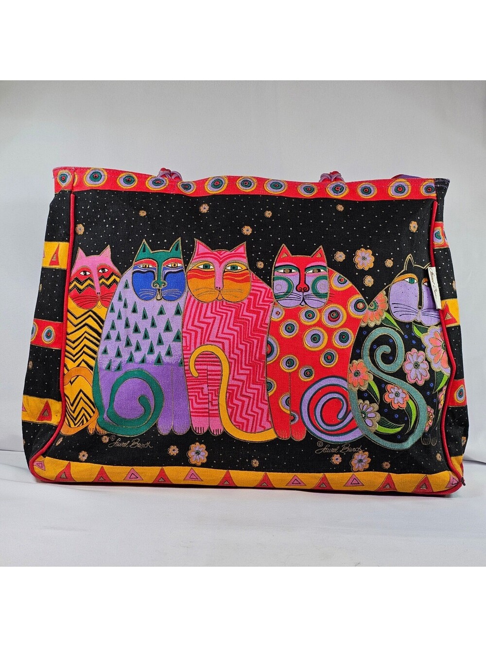 Laurel Burch Five Feline Friends Canvas Tote Bag Colorful Cat Art Braided Handle